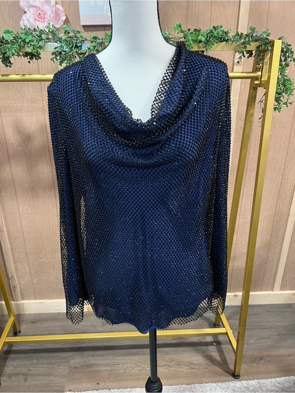 Navy Mesh Cowl Neck Women's Top